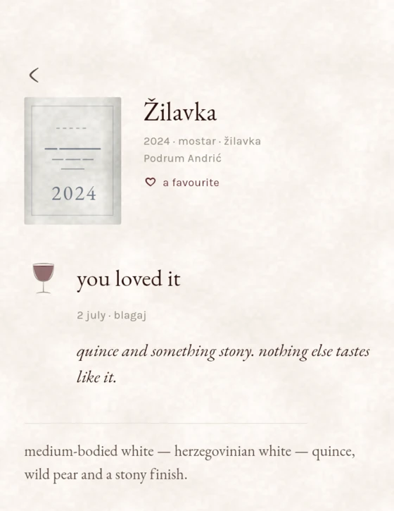 A wine&rsquo;s card: the label, the name &Zcaron;ilavka, the words &ldquo;you loved it&rdquo;, a handwritten note and a short description.