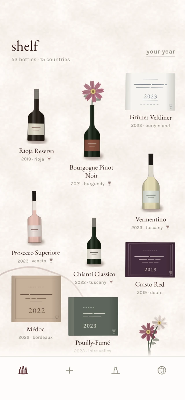 The shelf: a grid of hand-drawn wine bottles and labels, each with its name, year and region beneath.