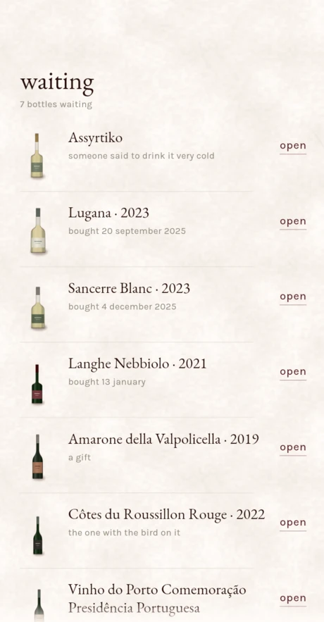 Waiting: a list of bottles bought and not yet opened, each with the word open beside it.